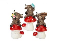 Set of 3 Highland Cow on Toadstools Garden Ornaments Decor Outdoor