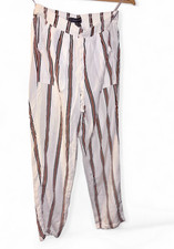 White & Tan Straight Leg Trousers, Elasticated Waist - Size 8 , Turnup Cuff's