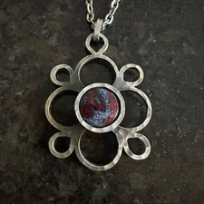 Vtg Bent Larsen Tin Denmark Pewter Pendant Chain Necklace Red/Blue Stone Signed