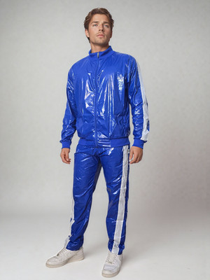 PU Nylon Track Set   Glossy Blue and White Striped Athletic Suit for Men/Women