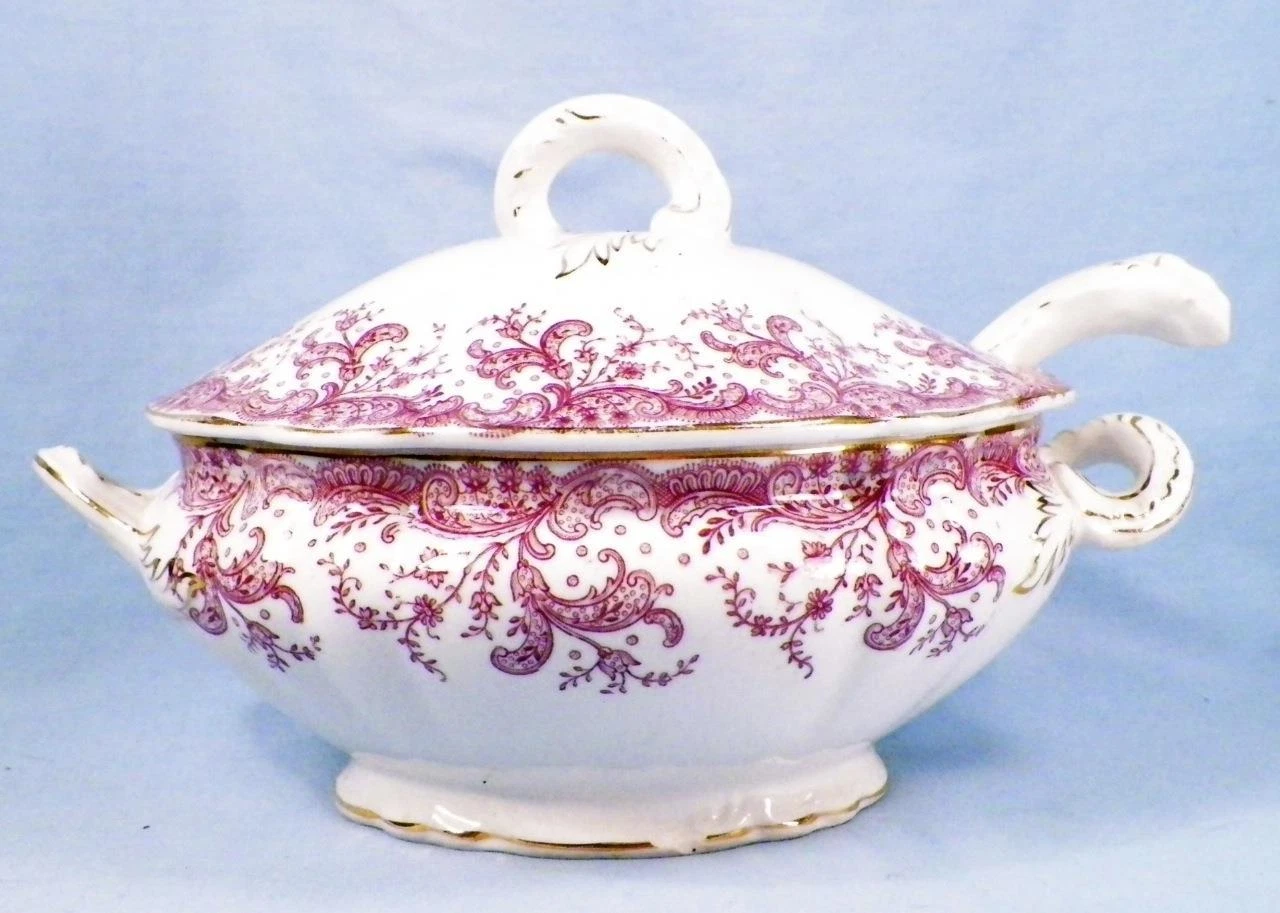 Maddock Seville Gravy Tureen & Ladle Mulberry Transferware Sauce Antique