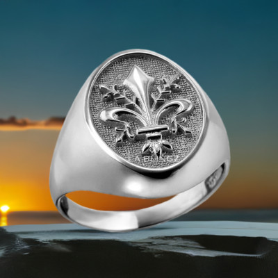 Polished Sterling Silver Fleur-de-Lis Oval Signet Ring Textured Crest Design