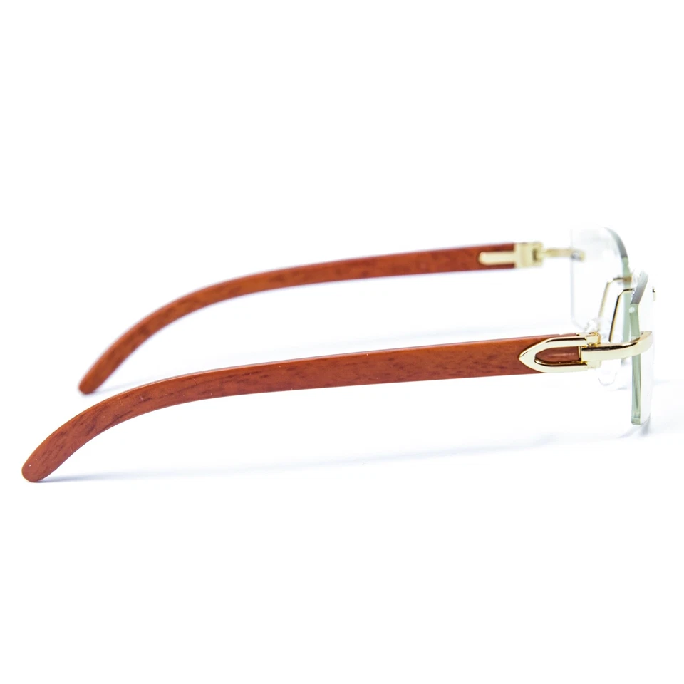 复古无框木质金色框架复古嘻哈男式透明镜片眼镜  — 第 4/4 张图片