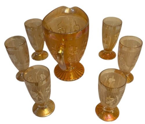 Jeanette Iris & Herringbone marigold pitcher with matching 6 Water Glasses - Picture 4 of 4