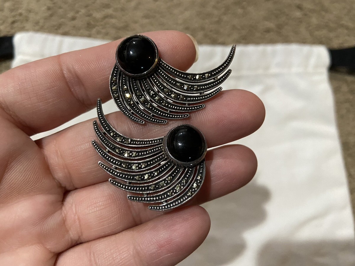 アクセサリー Born From Rock Onyx Heirloom Earring Vintage Sterling Silver 925 Heirloom 73 Marcasite Onyx Omega