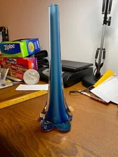 Vintage Blue White Cased Glass Vase 10" Tall Bud Vase Petal Base