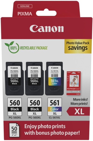 3 Canon Druckerpatronen Tinte 2X PG-560 Xl Bk / CL-561 Xl Tri-Color Photo Value-image