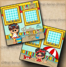 SAND CASTLES beach girl 2 premade scrapbook pages paper printed DIGISCRAP A0095