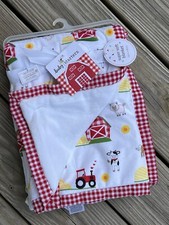 Baby Starters Farm Animals Plush Baby Blanket Cow Barn Tractor Red Plaid Trim