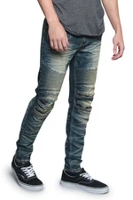 Victorious Men's Creased Washed Moto Denim Pants Biker Jeans   DL1083