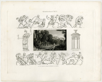 Antiker Topographie Druck-GRIECHENLAND-ATHEN-AKADEMIE-ZENTAUR-AMAZONAS-MINERVA-1857