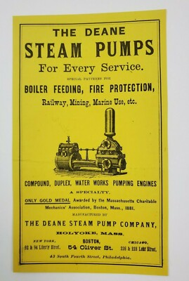 #ad 1882 Boston Massachusetts Print Advertisement Deane Steam Pump Lead Bride Little $22.50