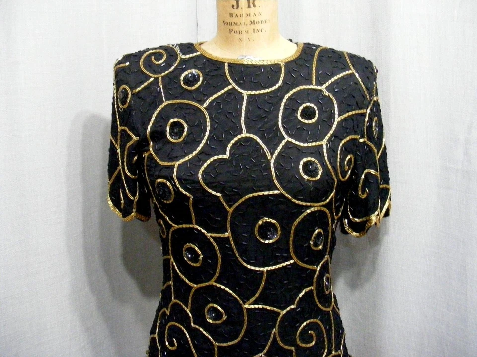 BLUSA TÚNICA SEDA TOP AÑOS 80 CON CUENTAS BLUSA INSPIRADA EN ALETAS HOMBRERAS S Foto 3 de 4