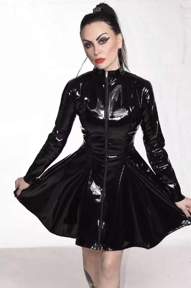 Misfitz blk PVC tie back skater dress. Two way zip. SIZE 24.  TV CD Sissy Goth - image 2 of 4