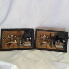 2 Vintage Italian Folk Art 3D Wood Diorama Hand painted Kitchen Cottage Wall Art