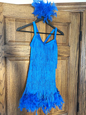 Weissman Blue Fringe Dance Costume Dress w/ Feather Headpiece Size MC