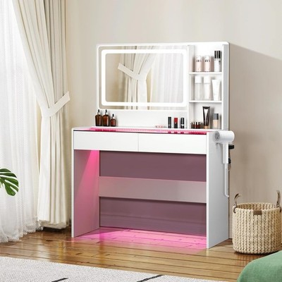 Vanity Desk Multiple Color Ambient Lights, with Mirror and Tri Color Light Strip