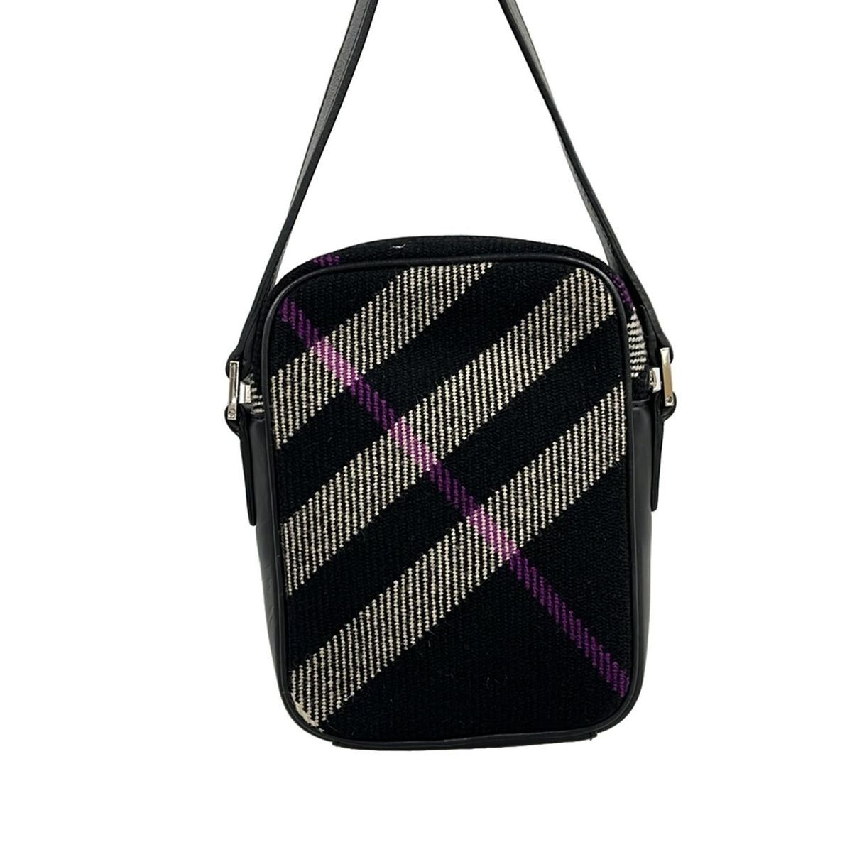 Burberry Shoulder Bag Black White Purple Plaid Wool Leather  Authentic thumbnail 13
