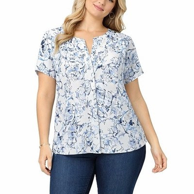 Nordstrom XL White Blue Abstract Chiffon Blouse Ruffle Trim V Neck Modern Chic