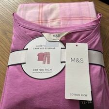 LADIES M&S 12-14 Pink Mix SOFT COTTON CROP LEG SHORT SLEEVES PYJAMAS SET