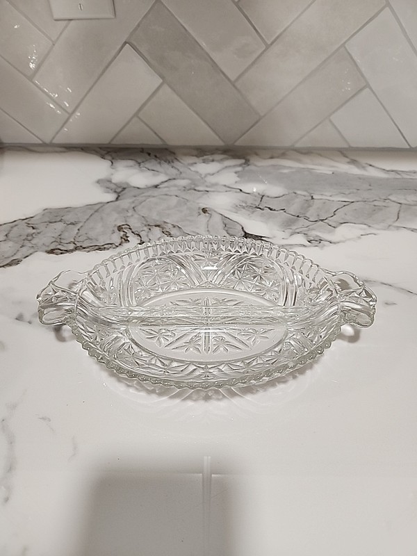 Oval Divided Clear Pressed Cut Glass Relish Candy Dish with Handles 10” Vintage 