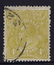 1929 King George V 4d Yellow-Olive Perf 13½ Small Multiple Wmk Used SG 102
