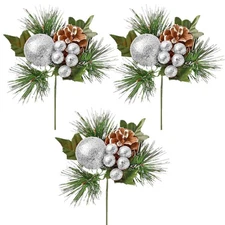 Christmas Artificial Stem with Glitter Bauble Berries and Pine Cone - 3x Silver