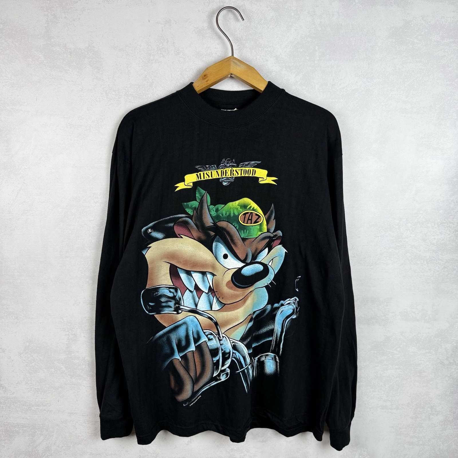 Vintage 1995 Taz Biker Misunderstood Warner Bros Long Sleeve Shirt L-XL
