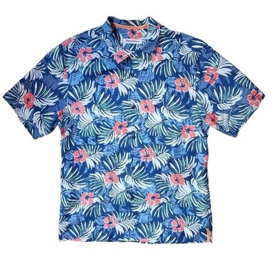 Tommy Bahama Marina Blooms Hawaiian Button Up Shirt M Madras Blue Hibiscus