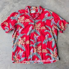 Vintage Paradise Found Men's Red Green Leaf Parrot Hawaiian Button Front Shirt