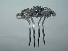 VINTAGE GRAY FAUX PEARL  RHINESTONE SILVER TONE METAL HAIR COMB UP DO ACCESSORY