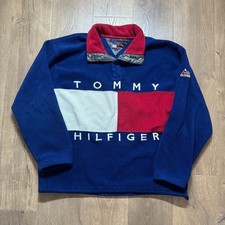 Mens 90s Vintage Rare Tommy Hilfiger Big Logo Flag Quarter Fleece Jacket Large