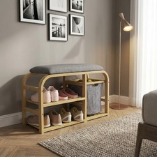 DecHome Panca Scarpiera 2 Ripiani 1 Cesto Bambù Tessuto 70x30x45 cm Legno/Grigio