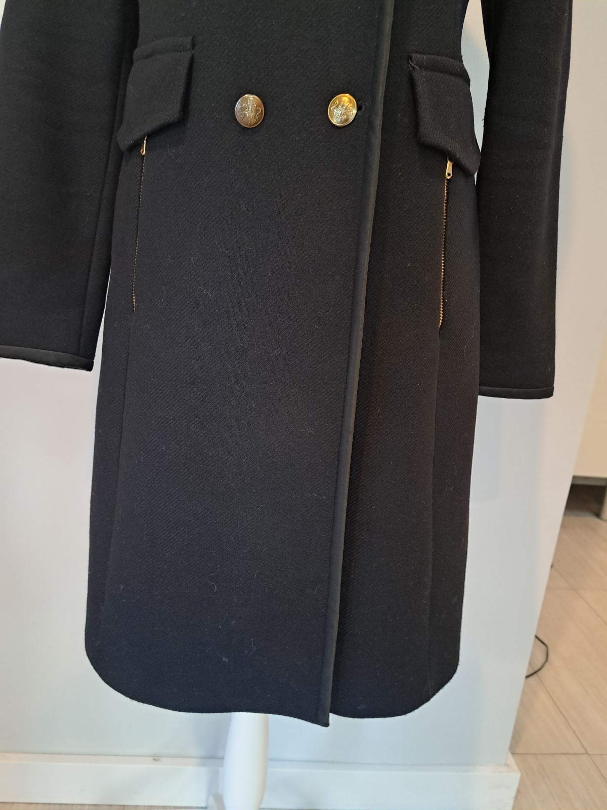 Zara Sz L Gold Button Wool Blend Tailored Coat Satin Silky Trim Zipper Pockets  thumbnail 6