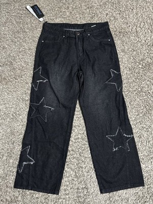 ROMWE Star Patch Jeans Mens 38 Black Baggy Wide Leg Distressed Y2K Denim