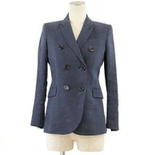 GUCCI Tailored Jacket Double-breasted 100 Linen Floral Lining Women Size 36 Navy