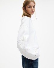 Image of AllSaints Women's White Lace Sleeve Sweatshirt UK Size XS Pullover Crew Neck