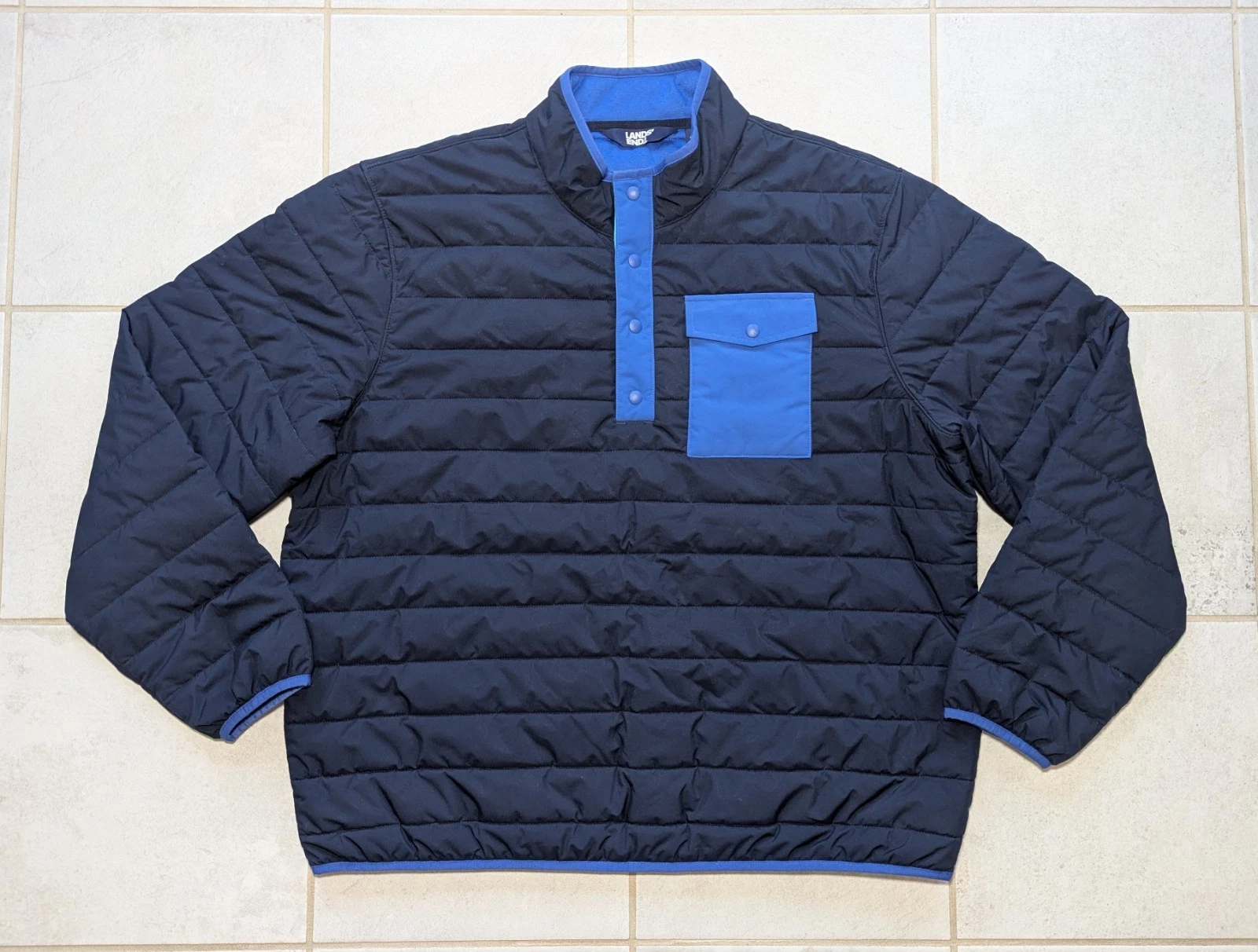Lands End Men's XL 1/4 Snap Quilted Insulated Navy Puffer Pullover Jacket