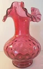 Vintage Fenton Cranberry Ruby Coin Dot Glass Ruffled Top Vase 8.5 Inch