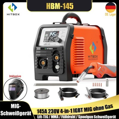 Multifunktions 4in1 Schweißgerät HITBOX 145A 220V MIG ohne Gas ARC TIG Spoolgun