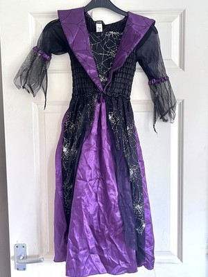 Halloween Hexe Malefiz Kostüm Verkleidung Spinnnetze lila schwarz 7-8 Jahre