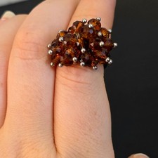 Vintage Amber Glass Cluster Ring — Movable Faceted Beads, Silver-Tone, Size P