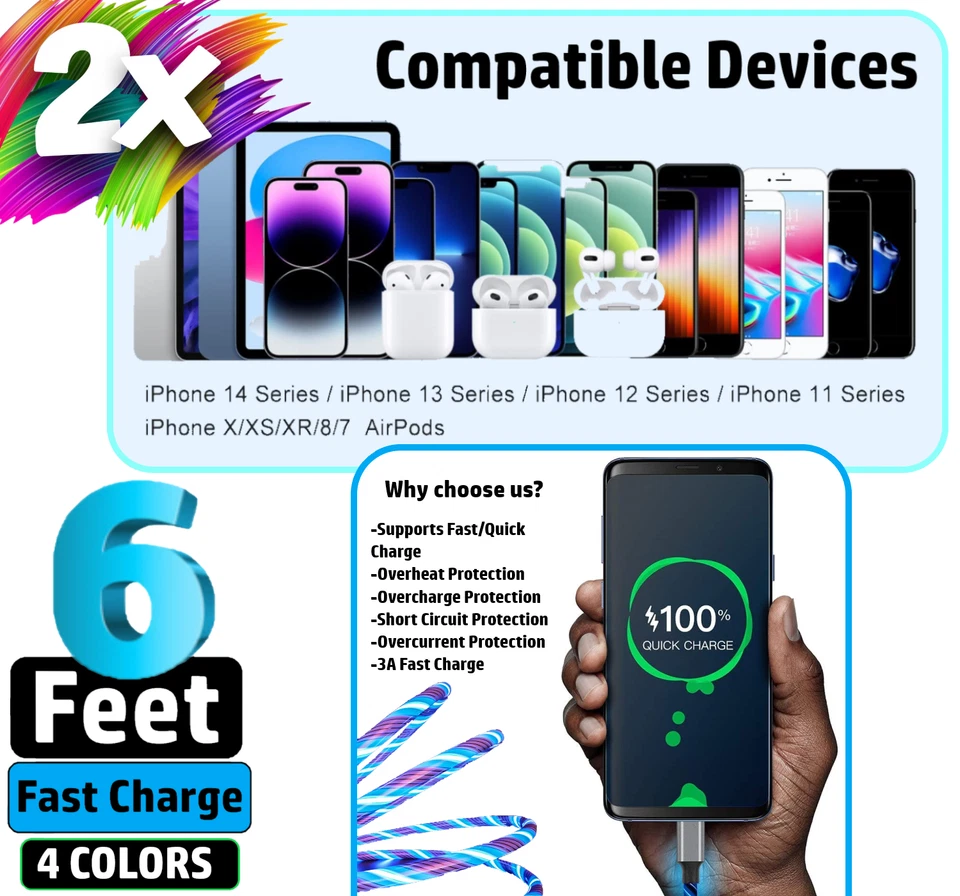 2 Pack 6FT LED Fast Charge 8 Pin USB Cable Cord for Apple iPhone 8 X XR 11 12 13 - Image 2 of 4