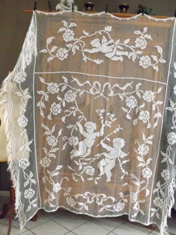 angelots, couvre lit, rideau, 1.90 m X 2.08 m, ancien - Photo 3/4