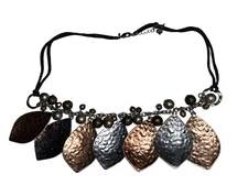 Tri Color Metal Leaf Necklace  Silver Gold Bronze Tones 26-28” Chunky