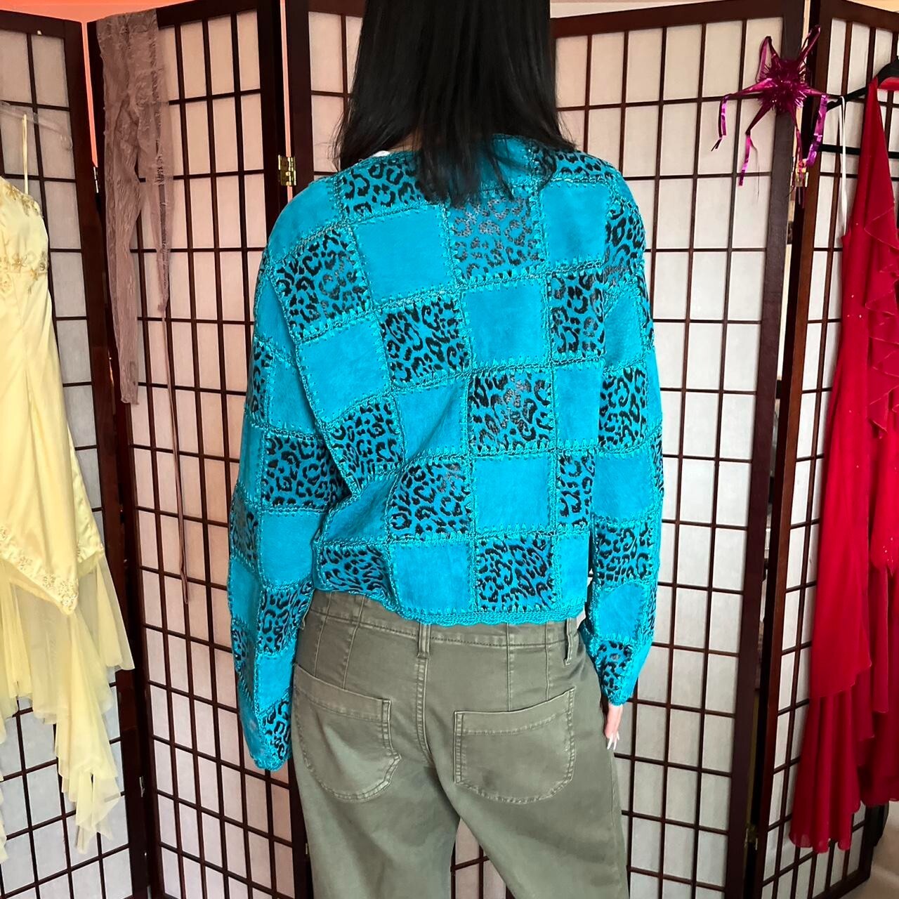 blue leather suede cheetah patchwork jacket - image 3