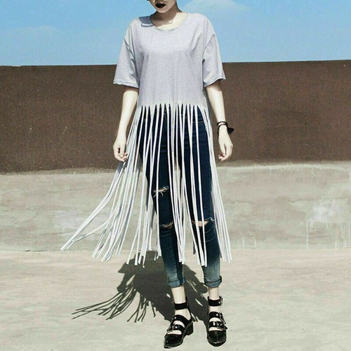 Womens Short Sleeve T-shirt w/ Long Tassels Fringe Top Tee Shirt Hippie Goth - Picture 14 of 15