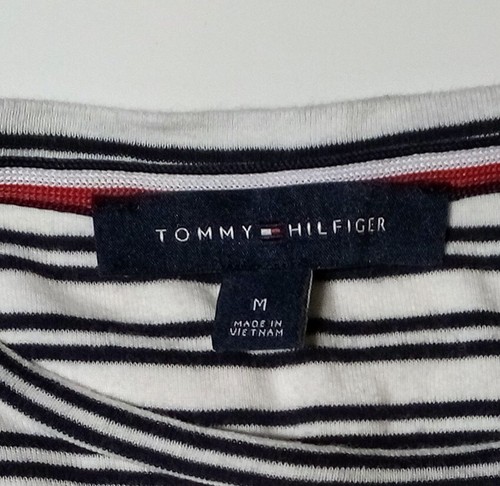 Tommy Hilfiger Women's Sz M T Shirt Black/White Stripes w/Pocket & Metal Logo - Picture 3 of 7