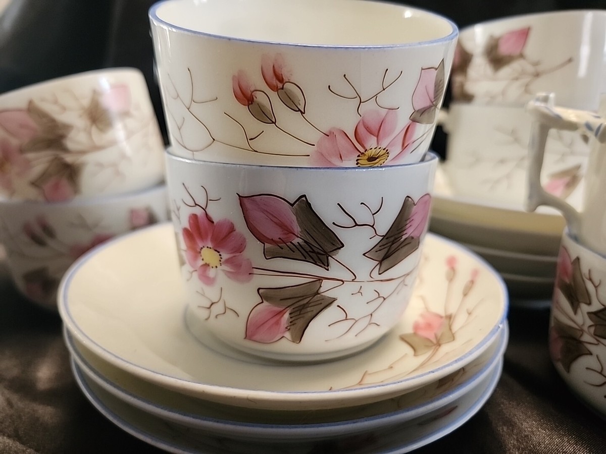 Antique B.S.M. China 1265 Pink Flora Tea Cup & Saucer Set Cherry