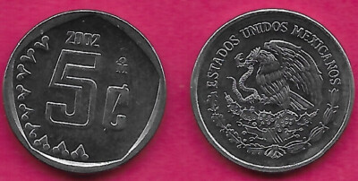 MEXICO 5 CENTAVOS 2002 BU DISCONTINUED COIN,THE NATIONAL EMBLEM OF MEXICO DEPICT